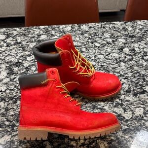 Timberland Bright Red Boots with Black Collar